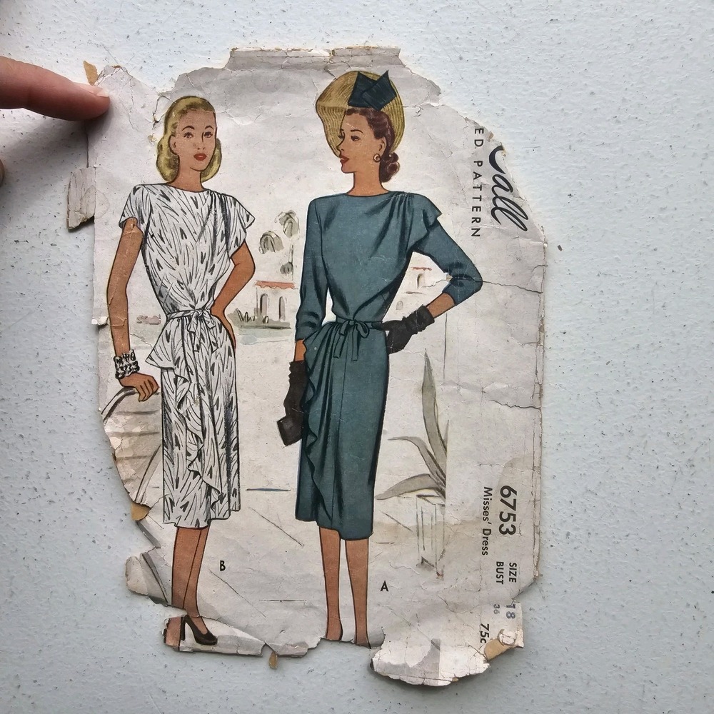 1940s Vintage B36" McCall 6753 Side Drape Dress Waist Tie Sewing Pattern